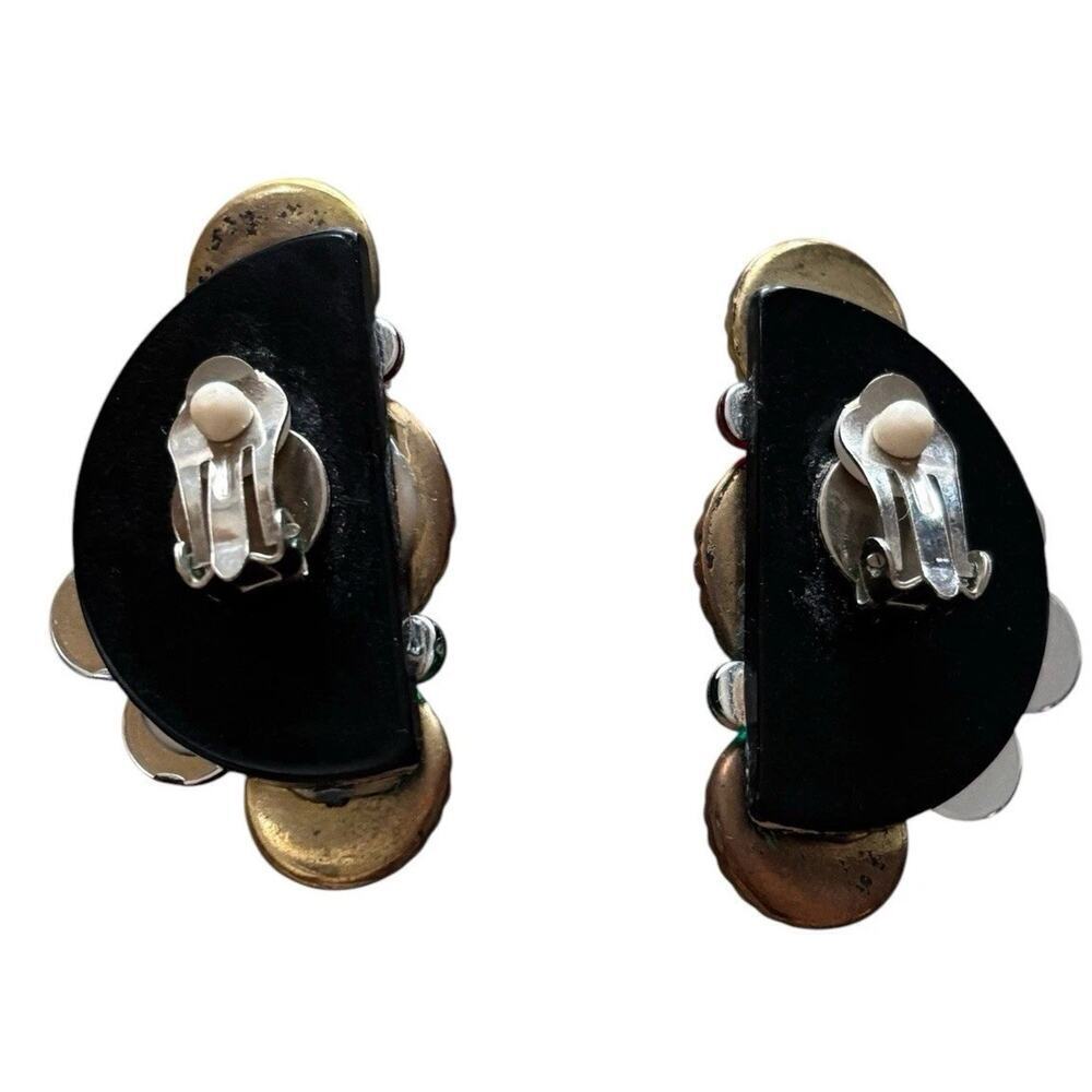80s Mogul Gripoix Style Gold Tone Chunky Clip-On Earrings Rivioli Rhinestones - Picture 2 of 8